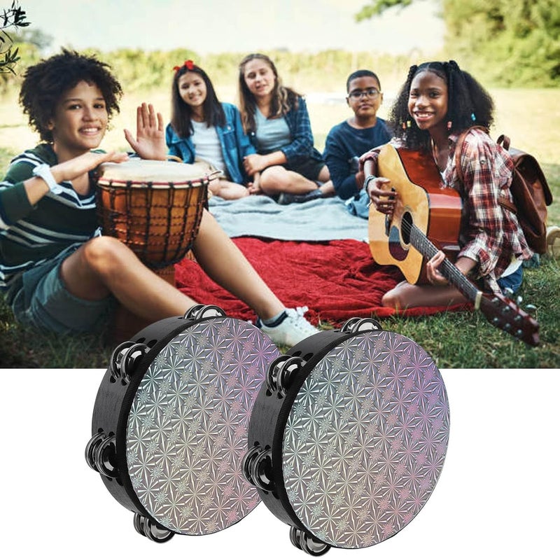 REMAGIC Wooden Tambourine for Adults, Hand Held Drum Bells 2Pcs, 8 inch Handbell Tambourine Drums for Church Party with Drumhead, Double Row Jingles Percussion Musical Educational Drum Instrument - Image 3
